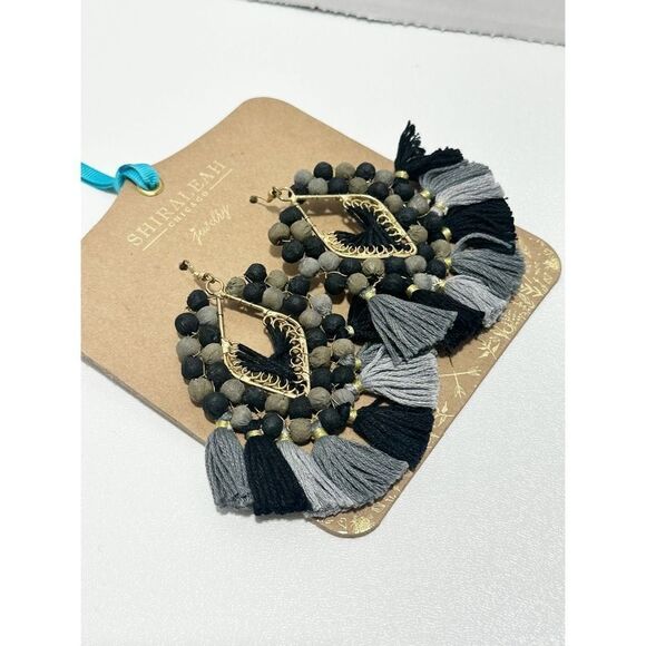 Shiraleah Statement‎ Fringe Tassel Beaded Earrings Dangle Drop Black Gray Gold - Picture 4 of 8